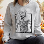 Skeleton Coffee Vintage Halloween All Hallows Eve Midnight Sketch Graphic Sweatshirt