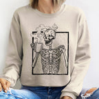 Skeleton Coffee Vintage Halloween All Hallows Eve Midnight Sketch Graphic Sweatshirt