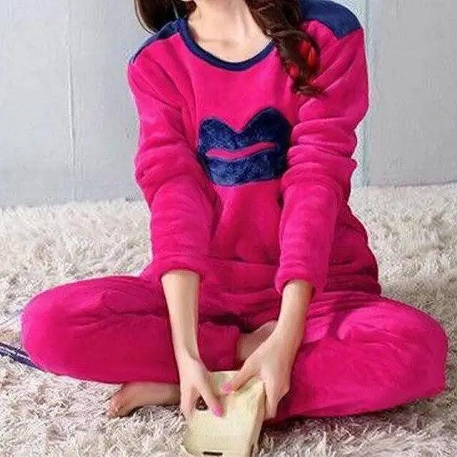 Trendy Pajama Women Thick Flannel Warm Female Winter Pajama Set Long Sleeve Full Trousers Two Piece Pajamas  Cartoon Pajamas Women Pajamas Set Sleepwear Autumn Plus Size Top Long Pant Sleepwear Girls Pajamas
