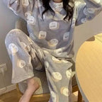 Trendy Pajama Women Thick Flannel Warm Female Winter Pajama Set Long Sleeve Full Trousers Two Piece Pajamas  Cartoon Pajamas Women Pajamas Set Sleepwear Autumn Plus Size Top Long Pant Sleepwear Girls Pajamas
